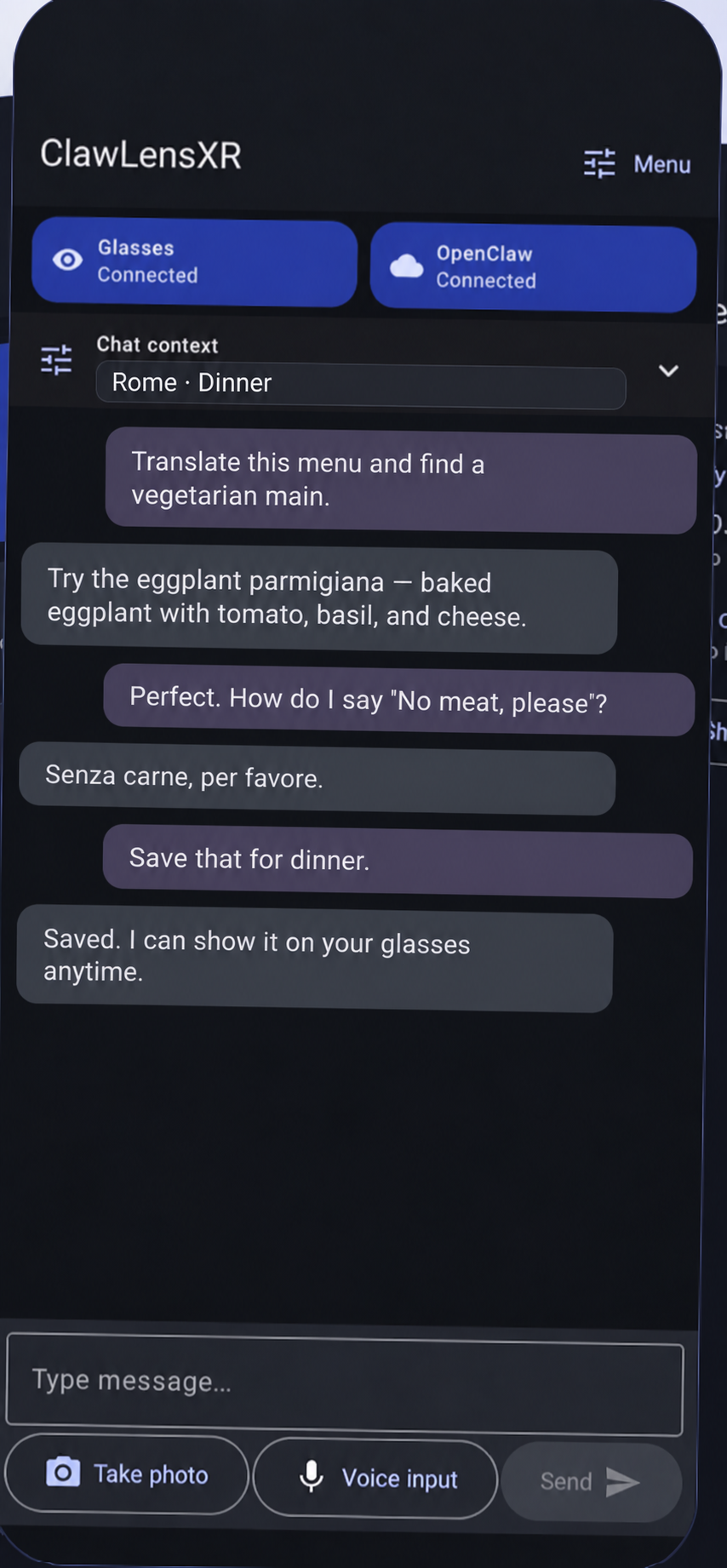 ClawLensXR Android chat showing a fictional Rome dinner conversation