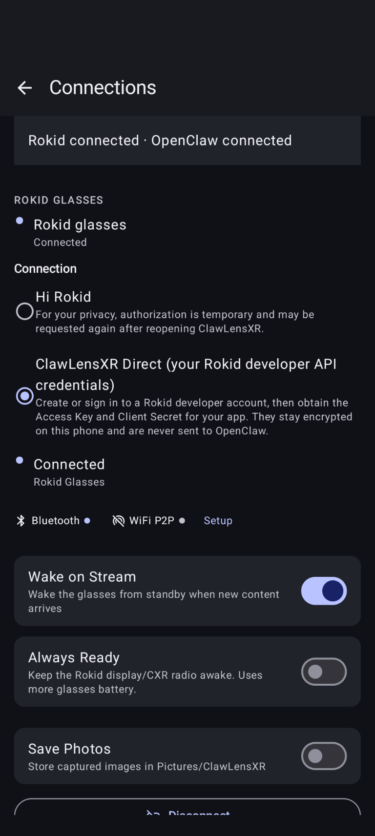 ClawLensXR Android Connections settings with Rokid and OpenClaw connected