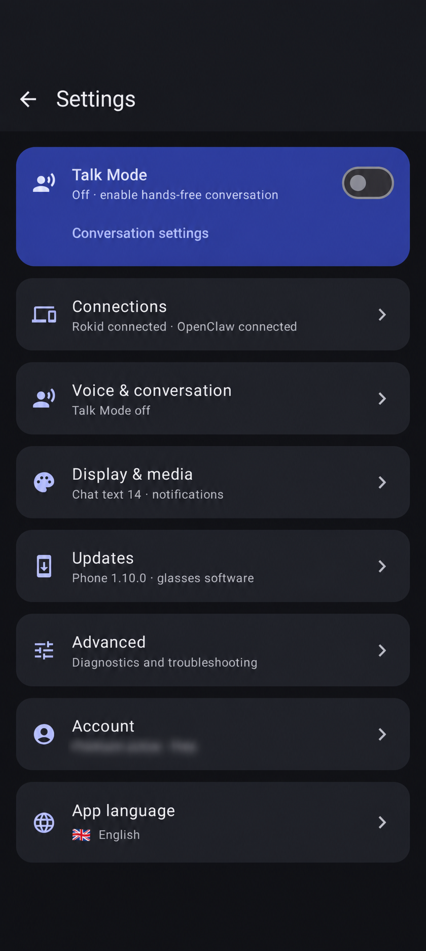 ClawLensXR Android Settings overview with Rokid and OpenClaw connected