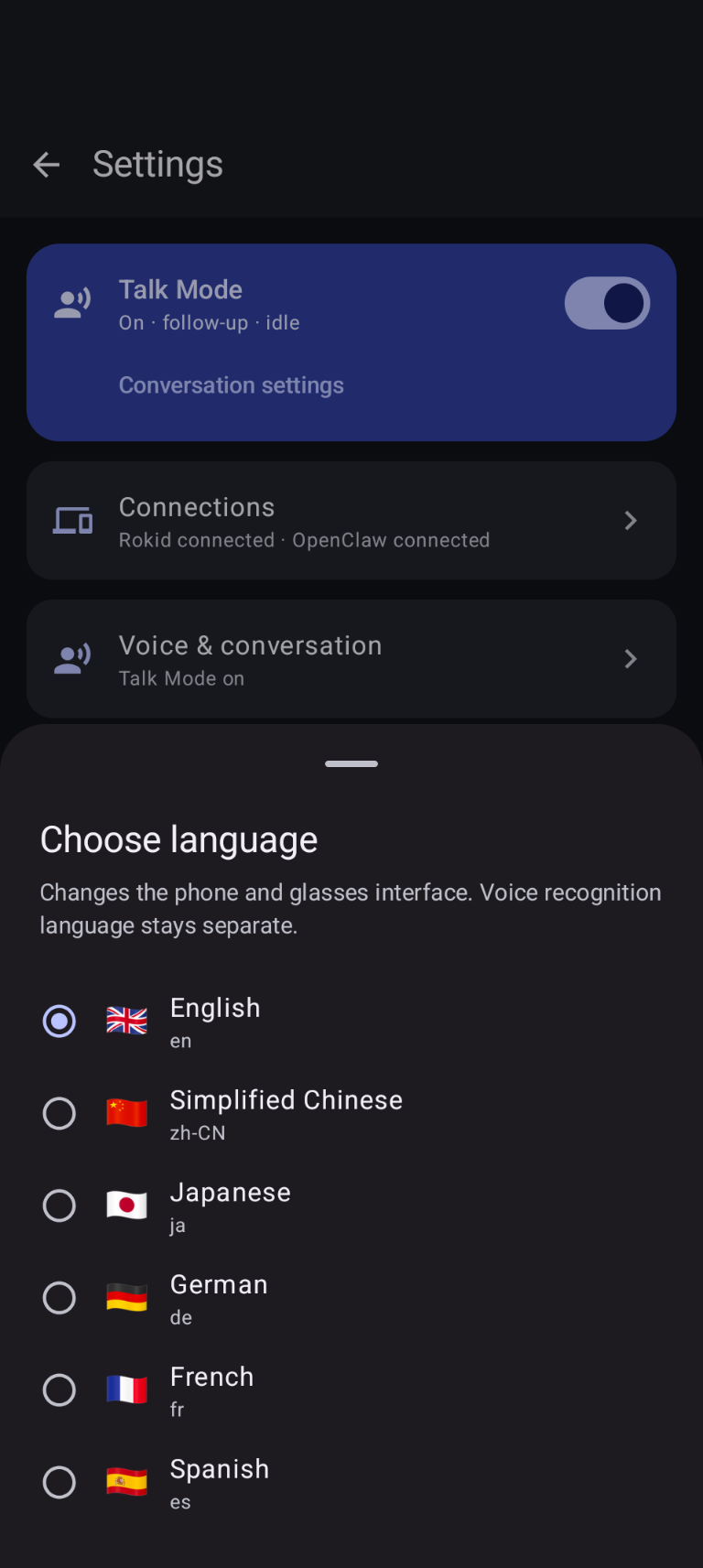 ClawLensXR settings with Talk Mode active and the app language picker open